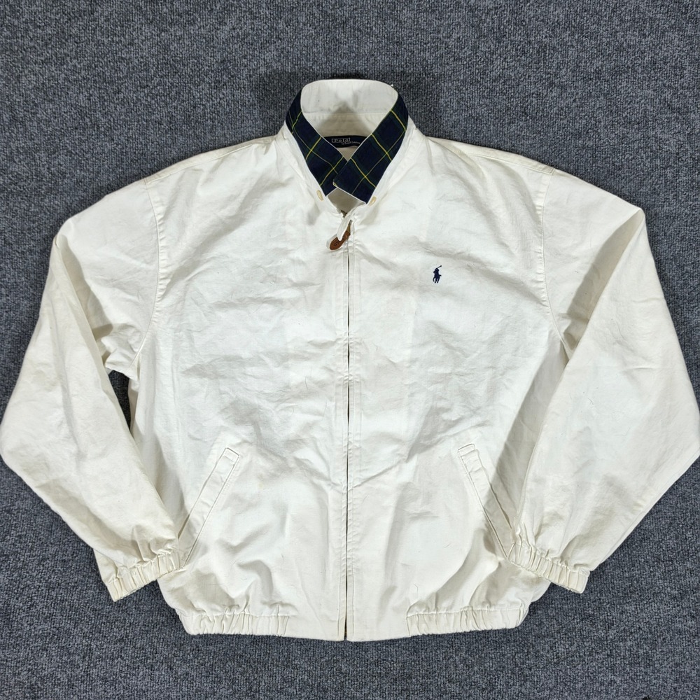 Vintage USA Made Polo Ralph Lauren Harrington Jacket Ivory Mens XL Plaid Collar